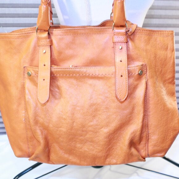 Cole Haan Orange Pebbled Leather Double Braided Handle Footed Large Tote Bag - Picture 2 of 16